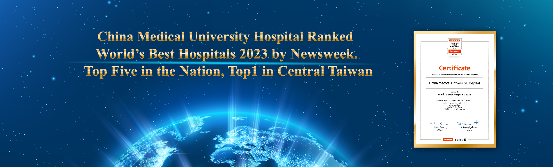 China Medial University Hospital Ranked World’s Best Hospitals 2023 by Newsweek.  Top Five in the Nation, Top1 in Central Taiwan