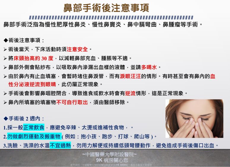 鼻部手術後注意事項/9K | 衛教海報 - 中國醫藥大學附設醫院 第 1張圖片