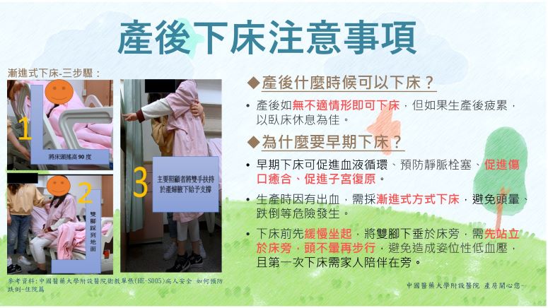 產後下床注意事項/產房 | 衛教海報 - 中國醫藥大學附設醫院 第 1張圖片